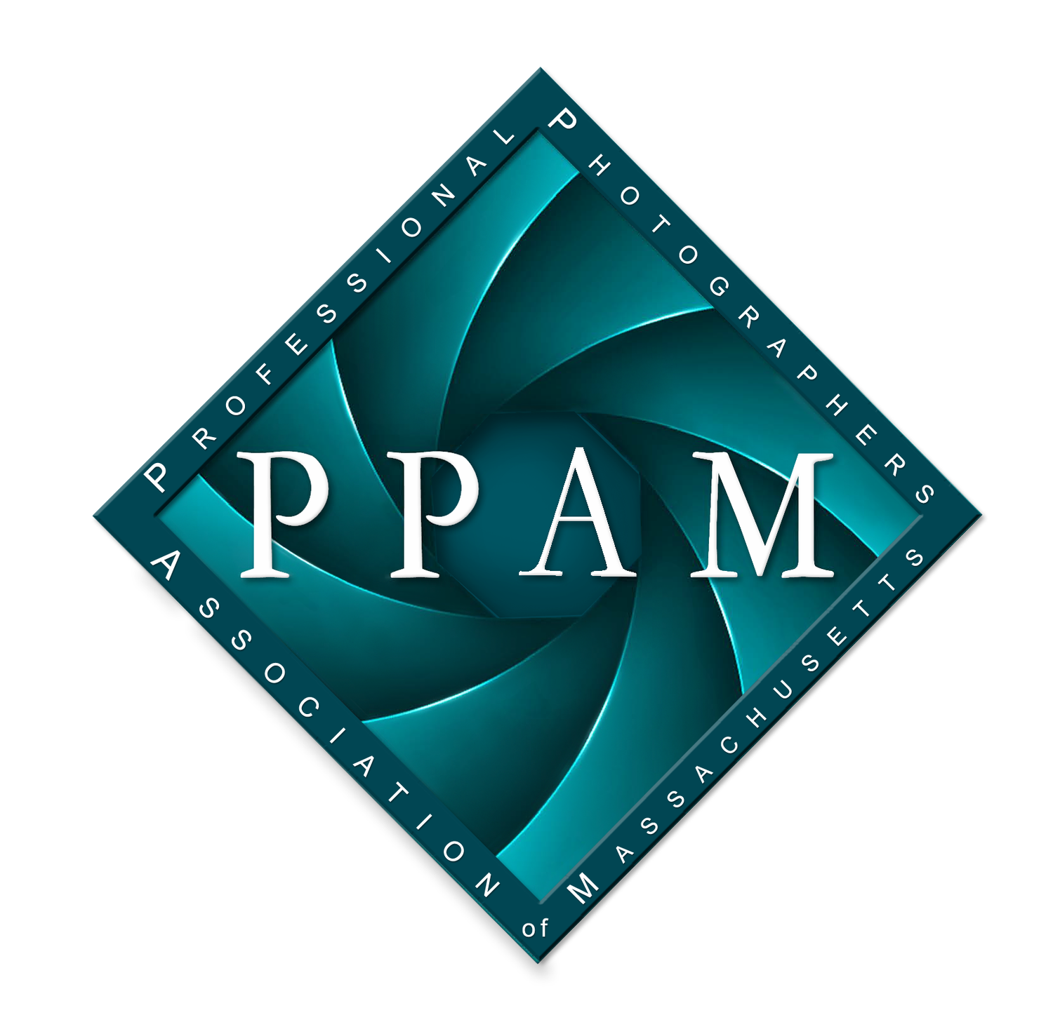 Four identical diamond-shaped logos in turquoise featuring the text 'PPAM' with metallic design elements.