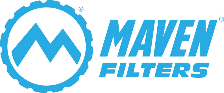 Maven Filters logo featuring a blue circular gear icon with stylized letter M and text 