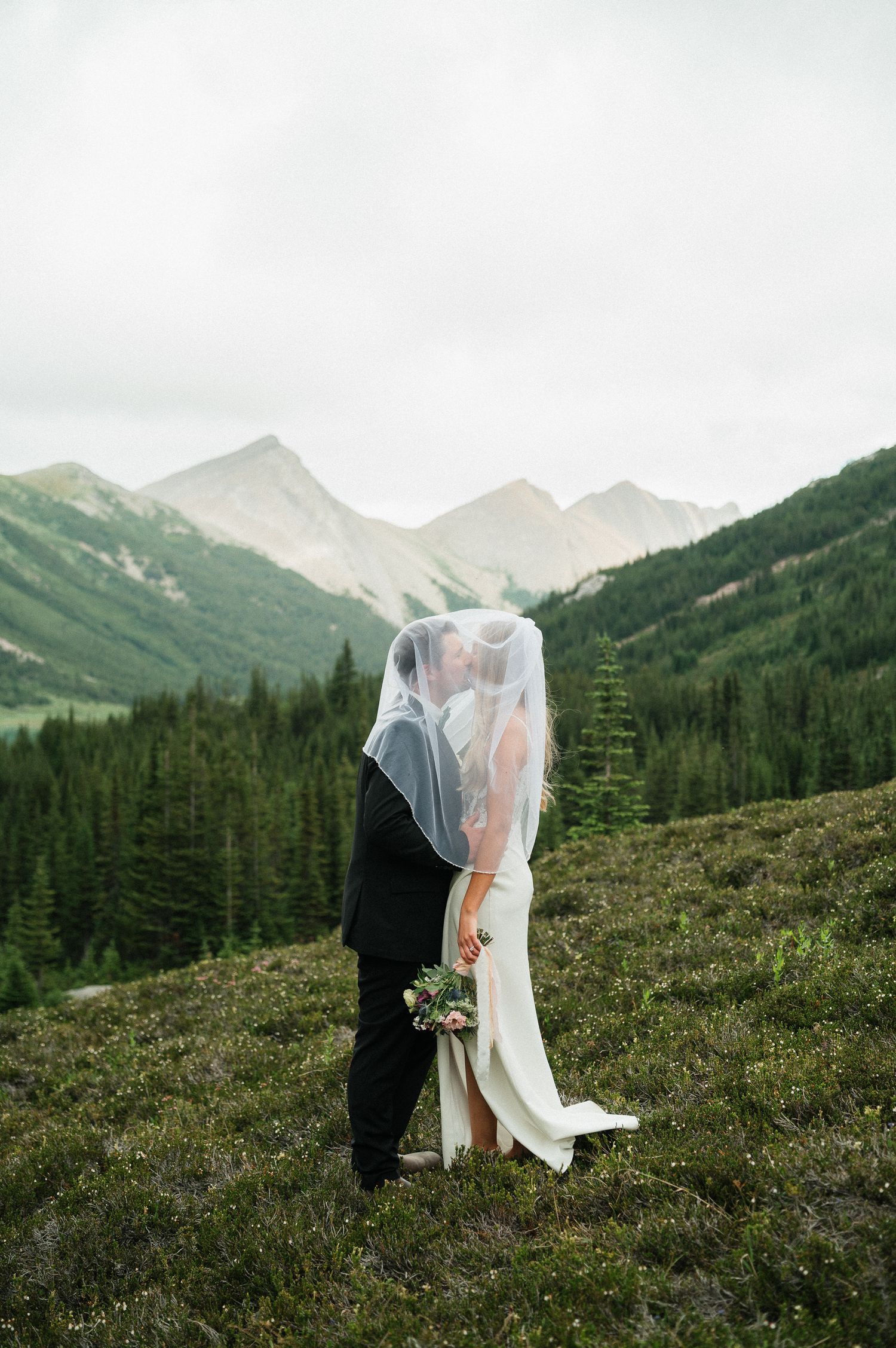 Bride and groom kissing under a veil with stunning mountain and forest backdrop.
