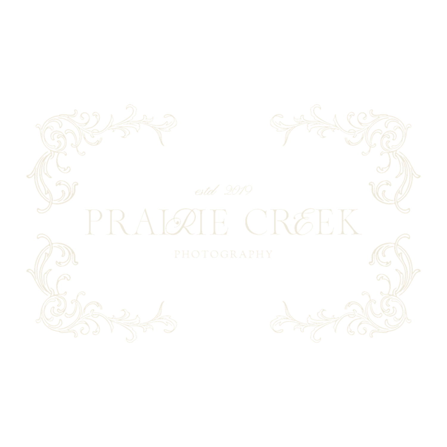 Prairie Creek Photography elegant logo with ornate decorative border in soft cream tones.