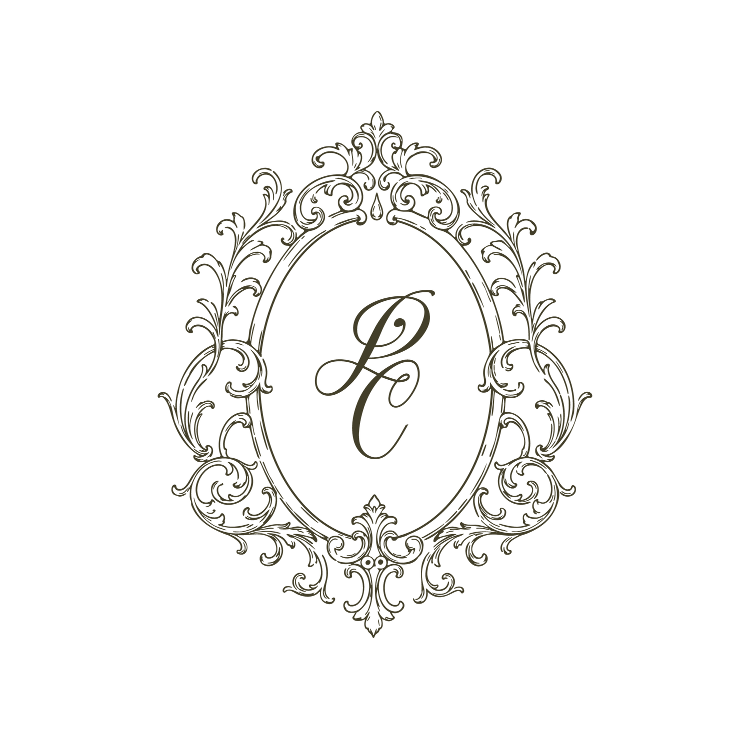 Elegant ornate oval frame with intricate floral scrollwork and cursive letter C monogram in vintage Victorian style.