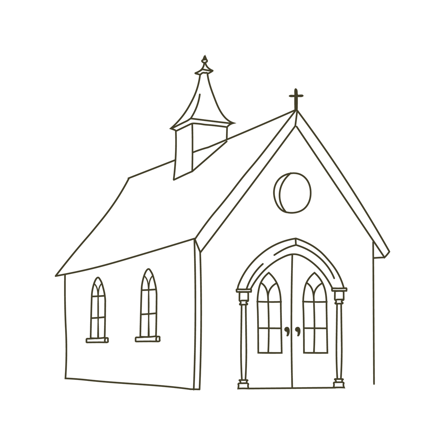 Simple line drawing illustration of a small traditional church with steeple and cross.