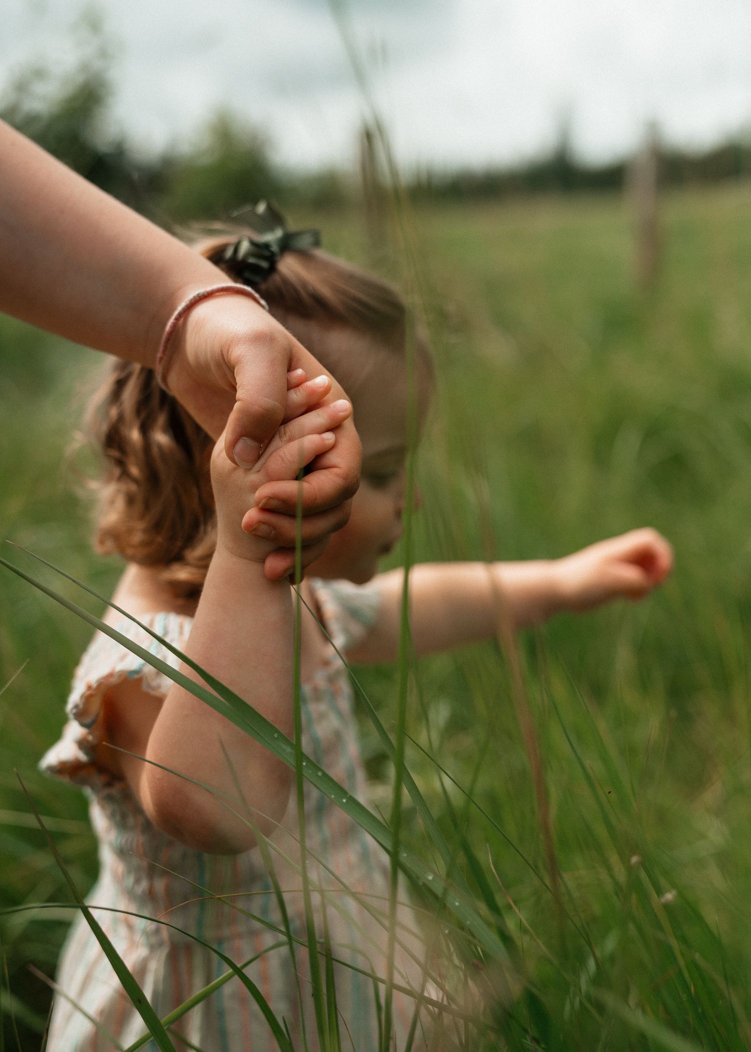 A toddler in a floral dress holds an adult's hand while exploring a lush green meadow outdoors.