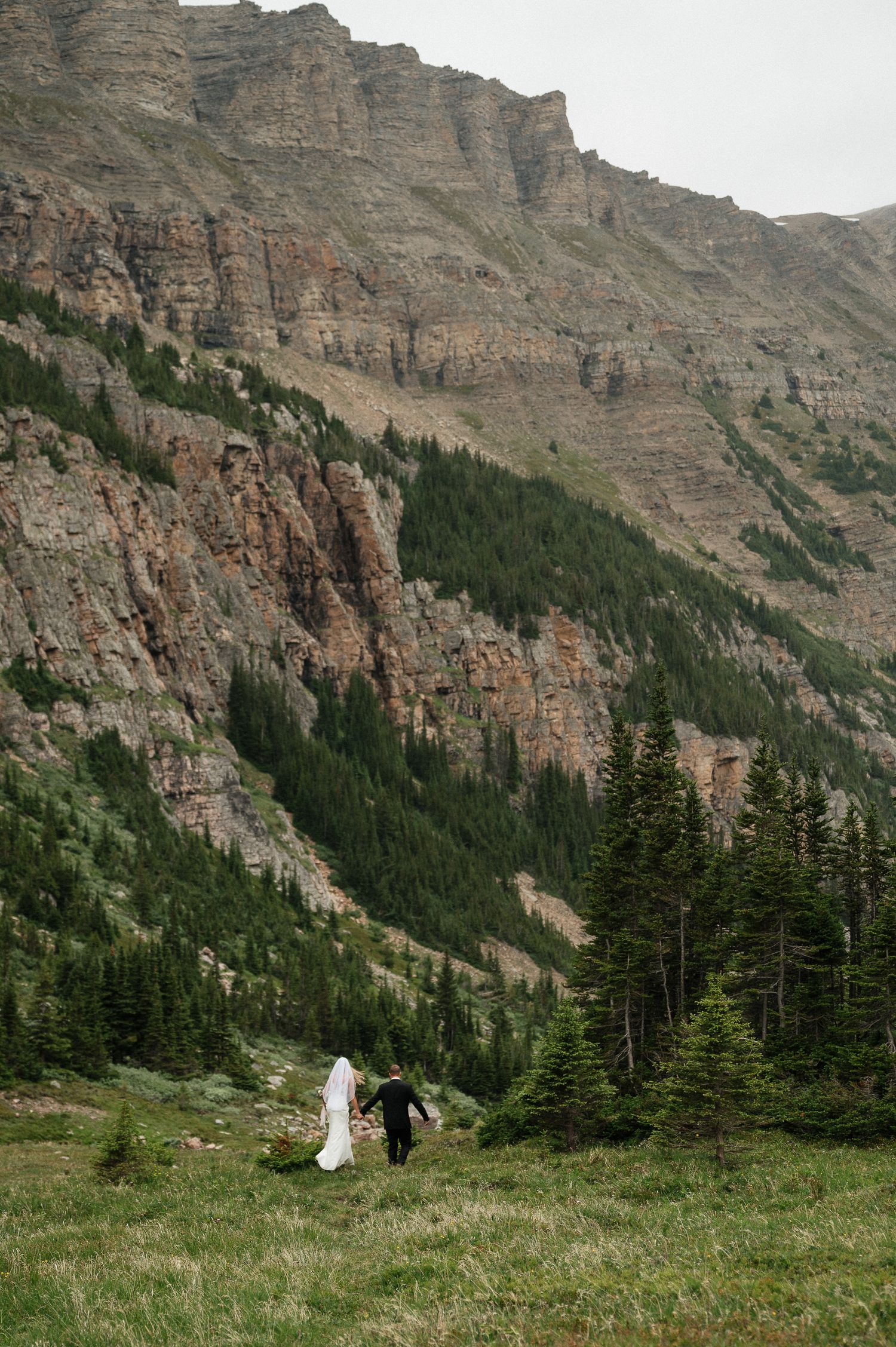 Bride and groom walking through a lush mountain meadow with towering rocky cliffs and evergreen trees in the background.