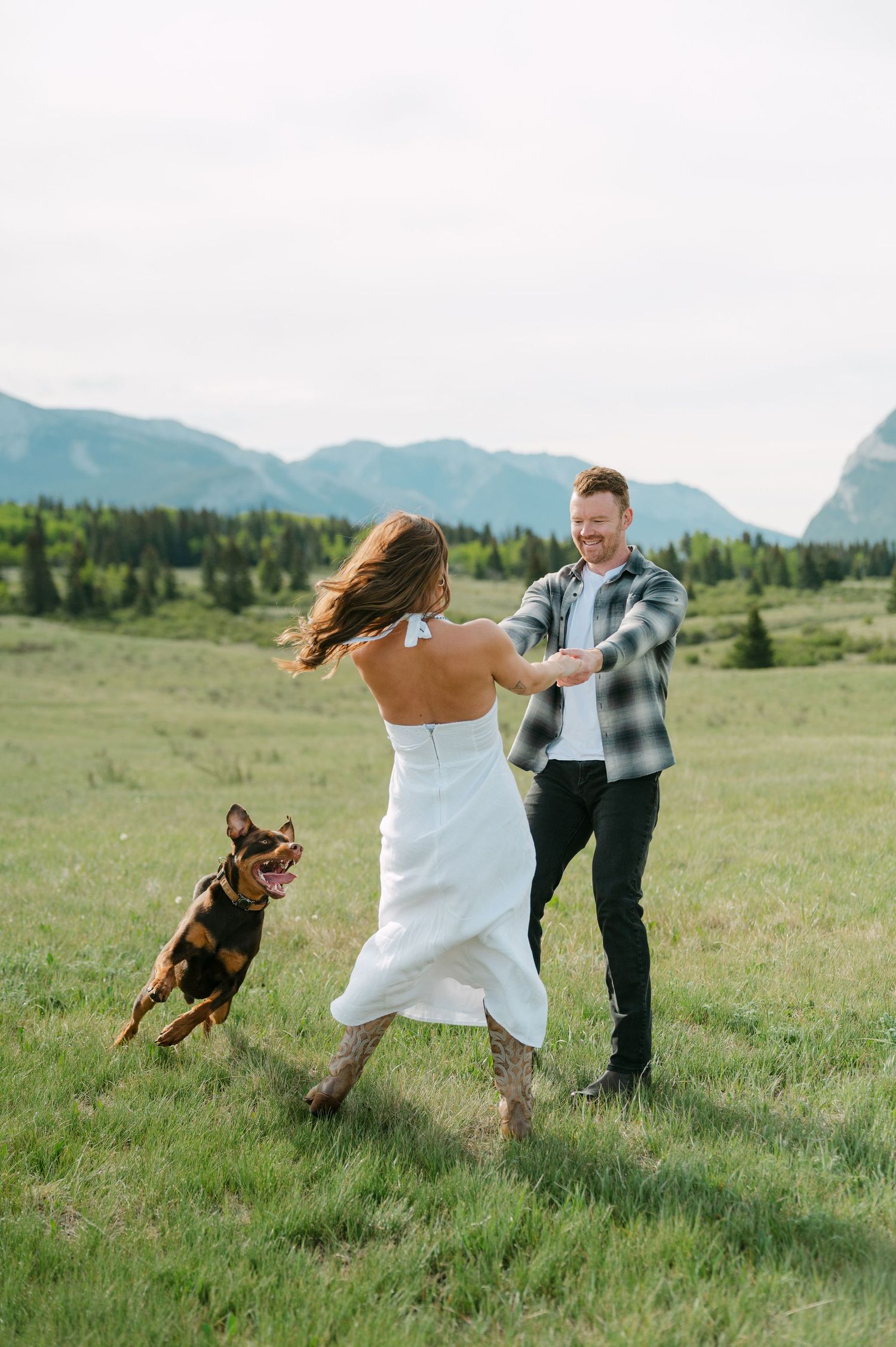 Couple dancing in a mountain meadow while their excited dog runs alongside them. Rocky Mountains.