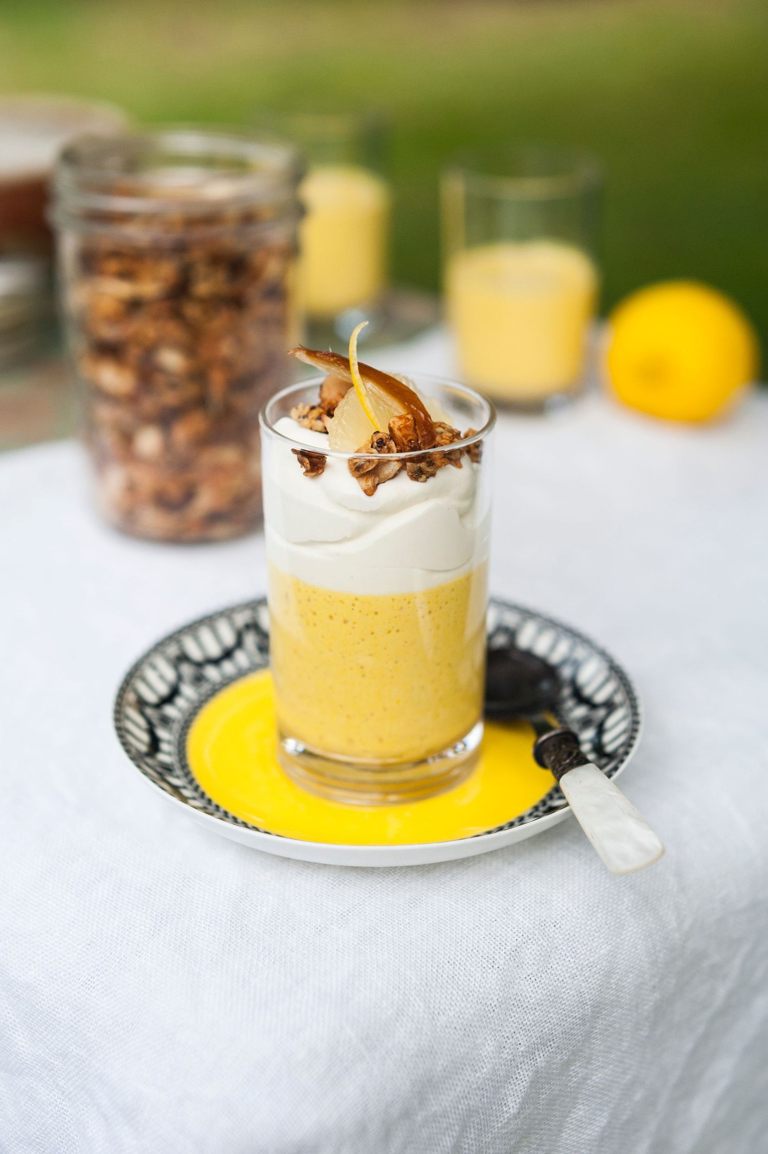 Beautiful yellow dessert on a table in the garden - Image created by Lillie Louise Photography