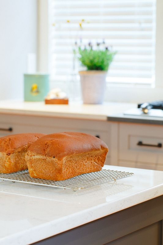 Two loaves of fresh gluten free bread cooling on the counter - Image created by Lillie Louise Photography