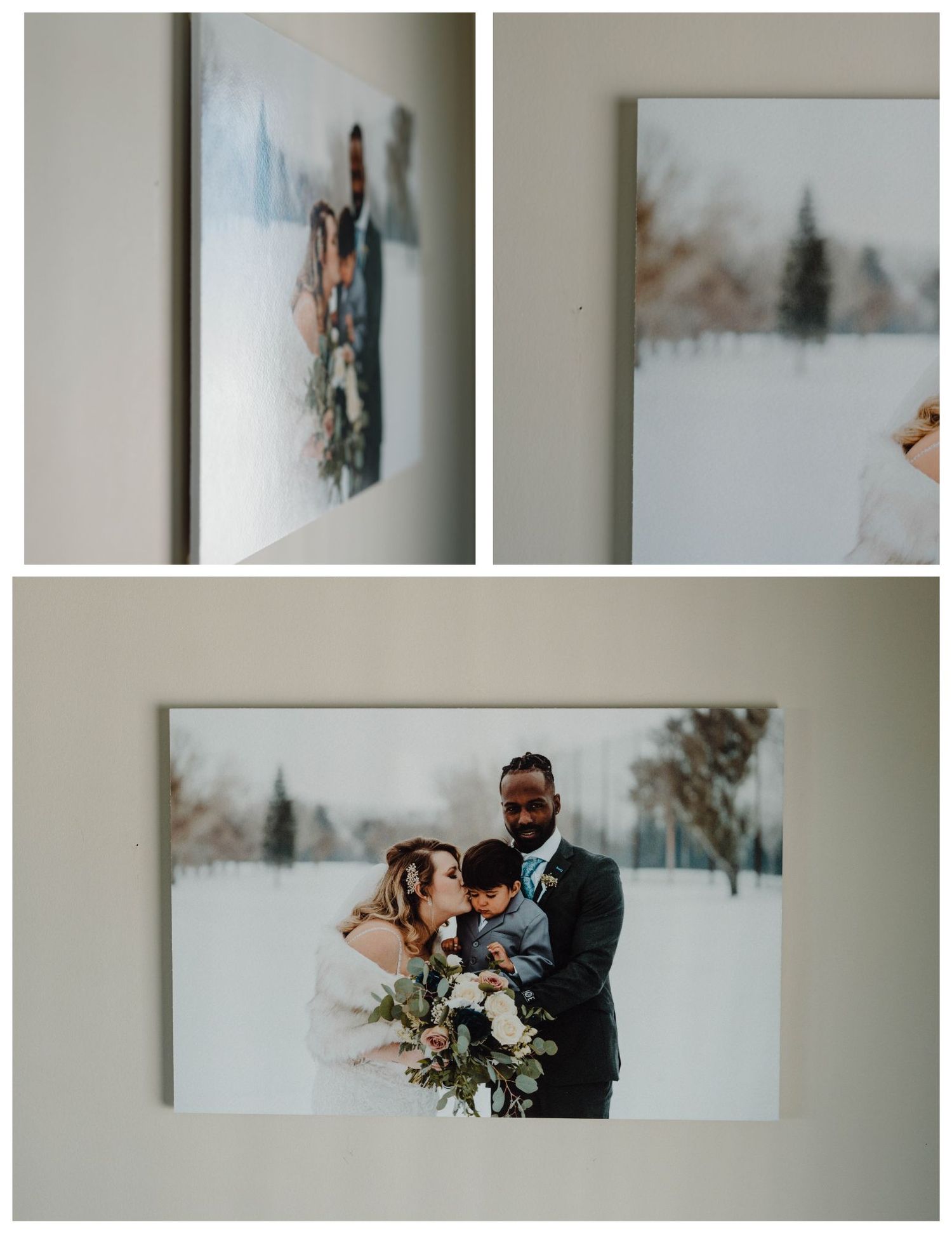 Triptych showing framed winter wedding photo prints displayed on a neutral wall.