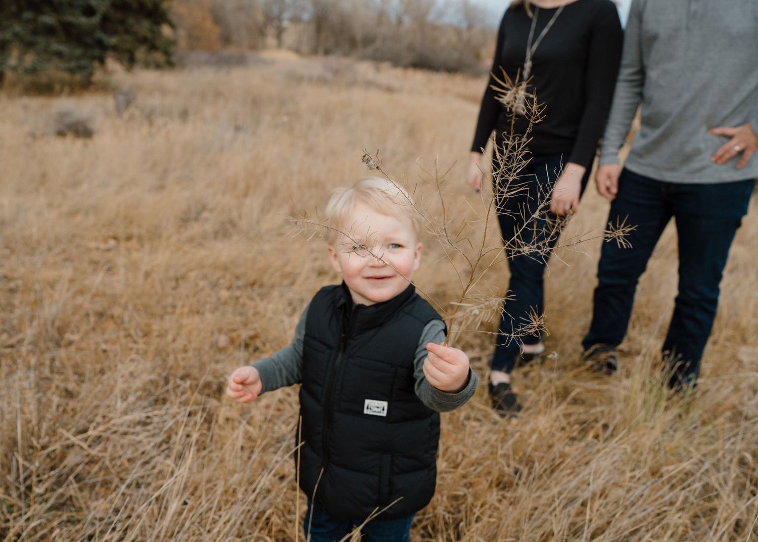 Laughing toddler boy in black vest running toward camera with parents standing in dry grass field.