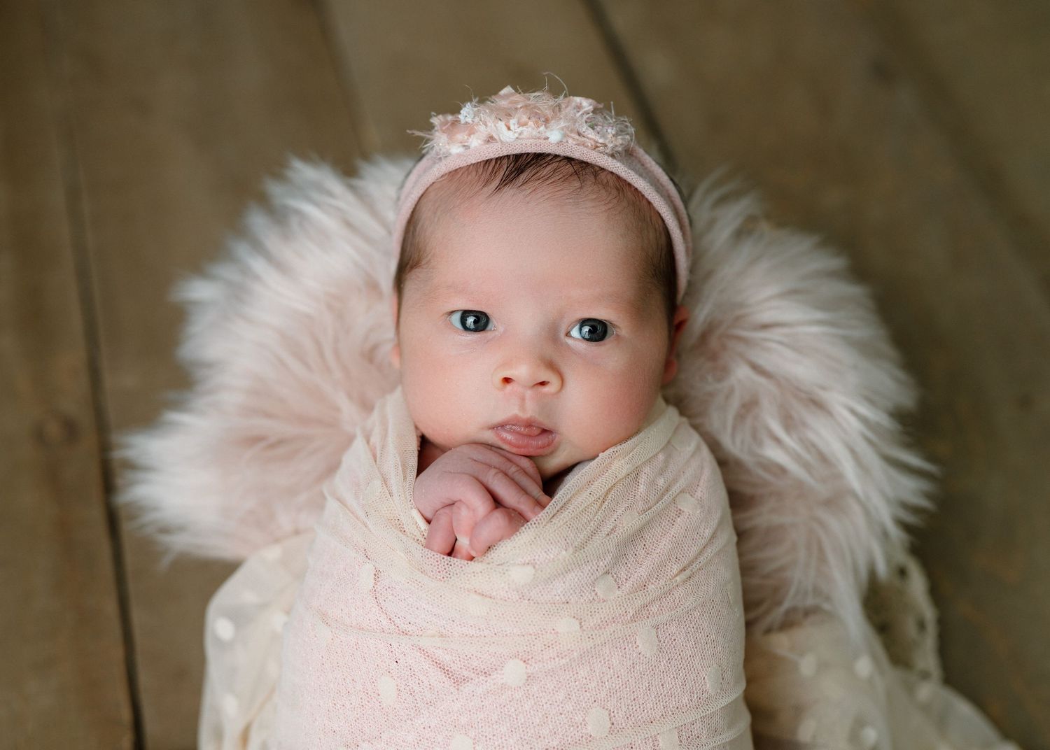 Newborn baby girl swaddled in pink wrap with pearl crown headband in fluffy basket on wood floor.