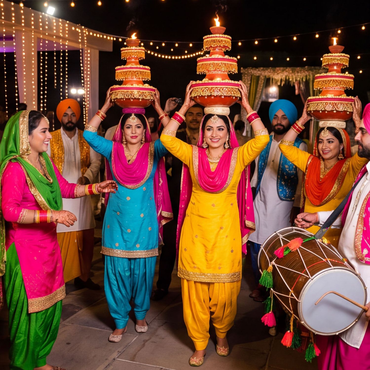 Colorful Punjabi women in traditional salwar kameez balance decorated pots on heads during festive Giddha dance celebration.