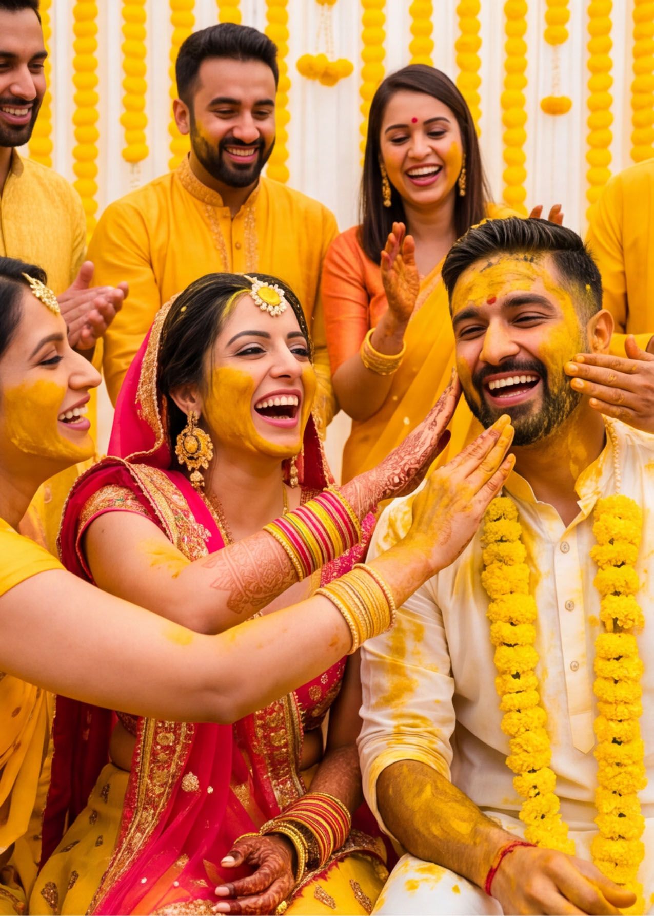 Joyful Indian couple covered in turmeric during a vibrant Haldi wedding ceremony with smiling guests in yellow attire.