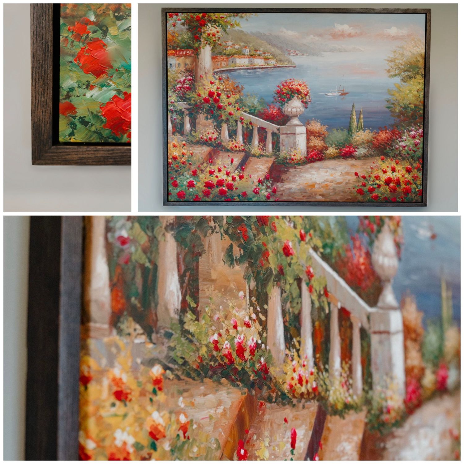 Framed oil painting of a Mediterranean garden with red flowers, white balustrade, and ocean view in vibrant impressionist style.