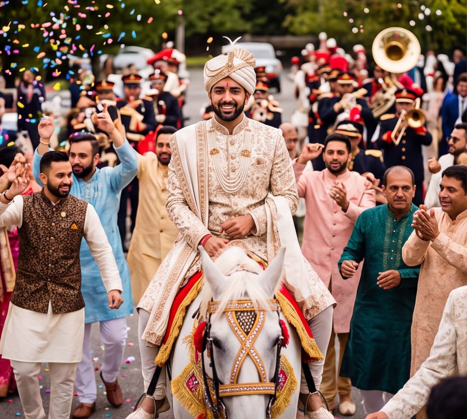 Groom in white sherwani rides white horse during traditional Indian baraat wedding procession with guests celebrating.