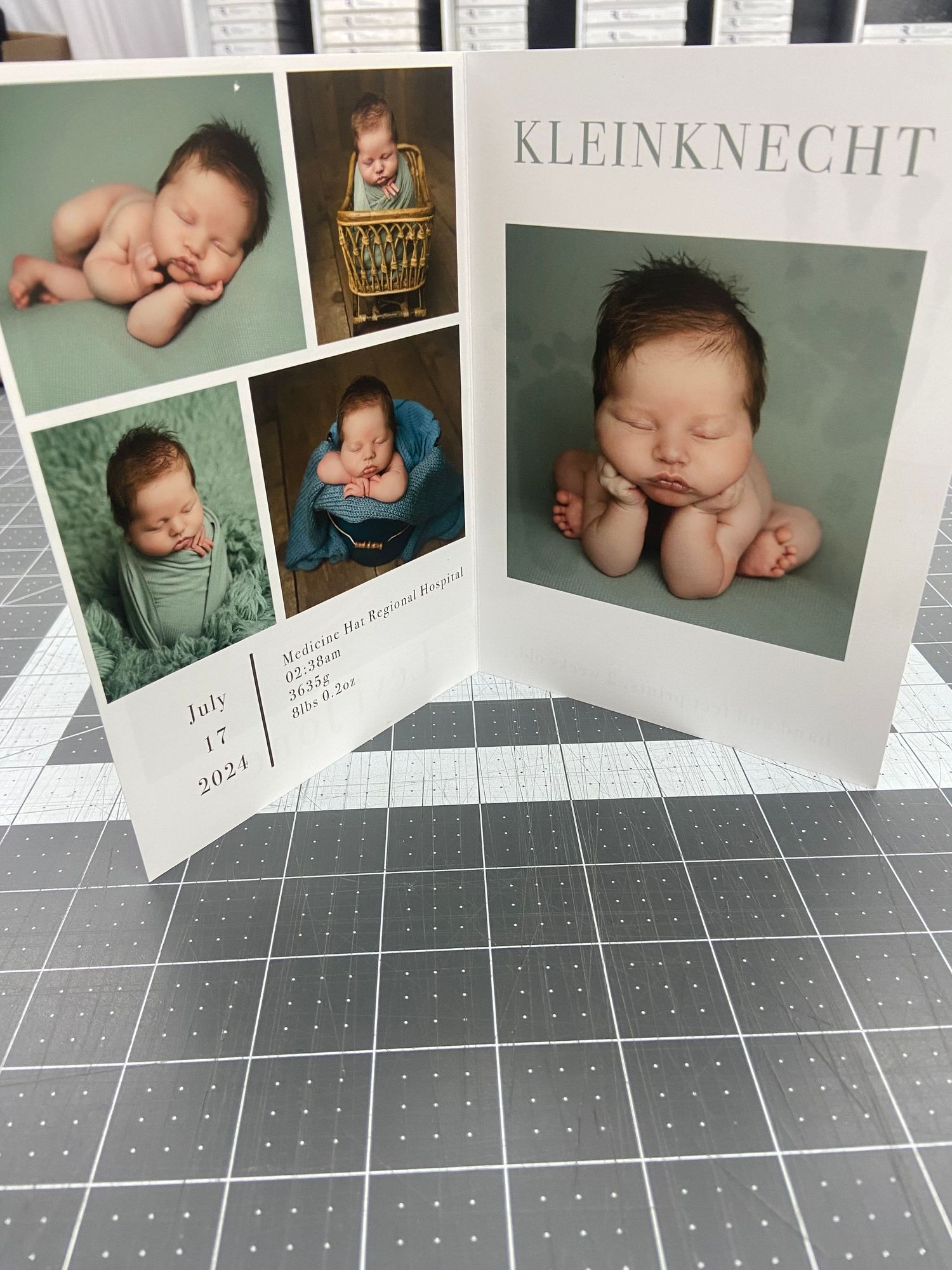 Kleinknecht family newborn birth announcement card with multiple sleeping baby photos.