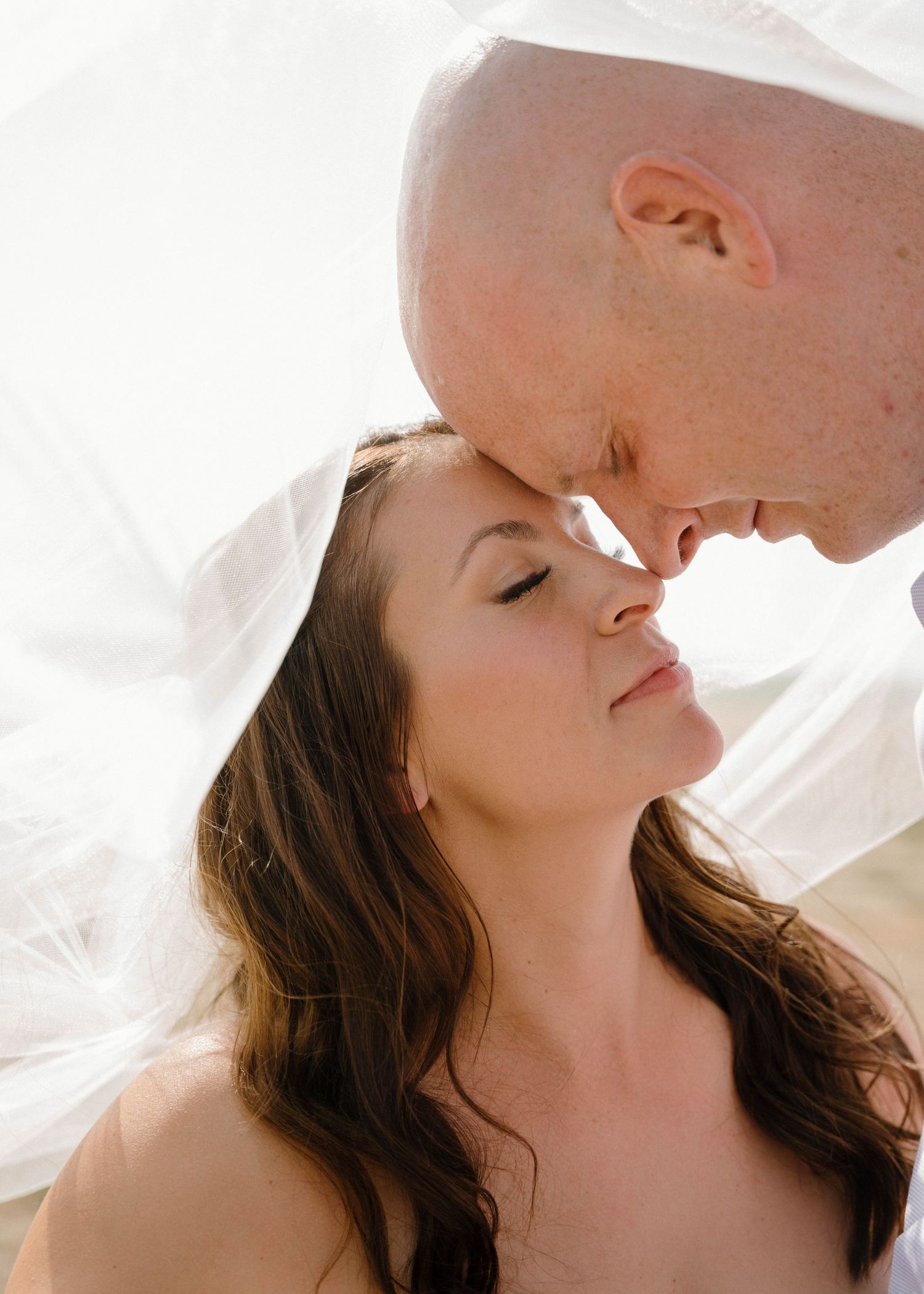 Intimate wedding portrait of bride and groom touching foreheads tenderly beneath a flowing veil.