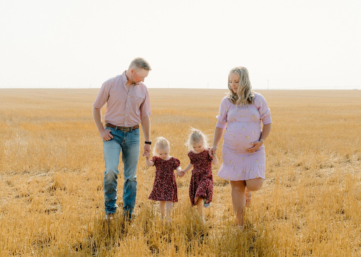Family of four with pregnant mother in pink dress walking through golden wheat field together.