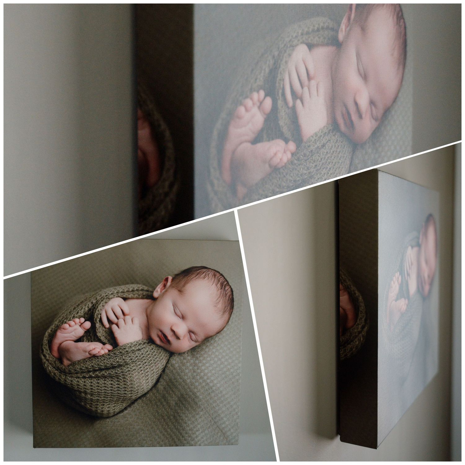 Three-panel collage of a canvas print featuring a sleeping newborn wrapped in a green knit blanket.