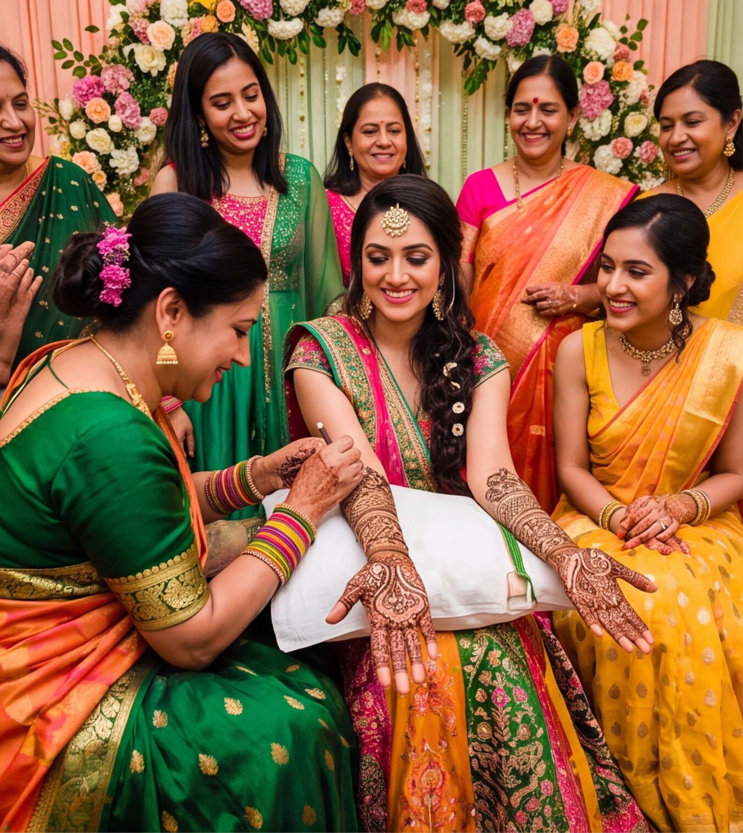 A bride in colorful lehenga gets mehndi applied surrounded by women in vibrant sarees at an Indian wedding ceremony.