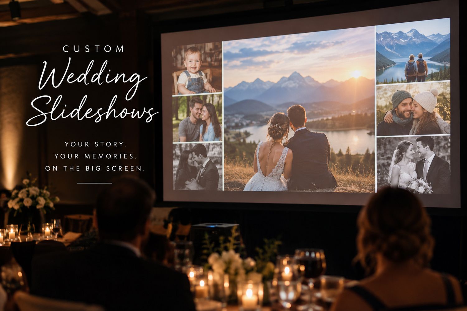 Custom wedding slideshow displayed on a big screen at a reception venue, showcasing romantic couple and scenic mountain photos.