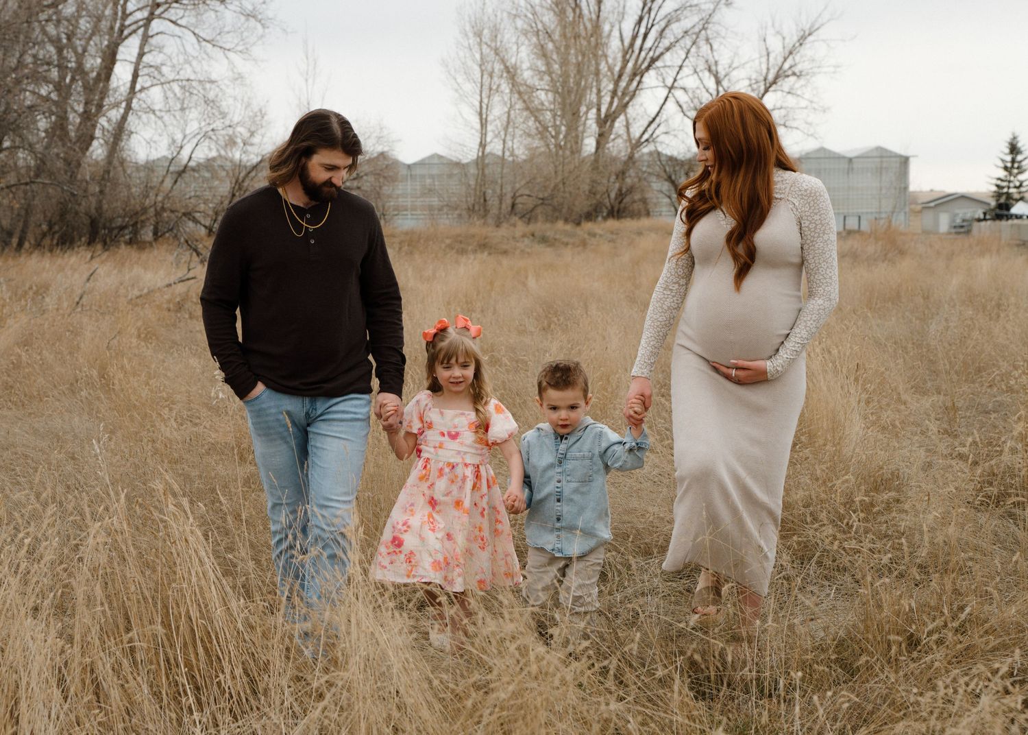 Family of four with pregnant mother walking through golden field holding children's hands.