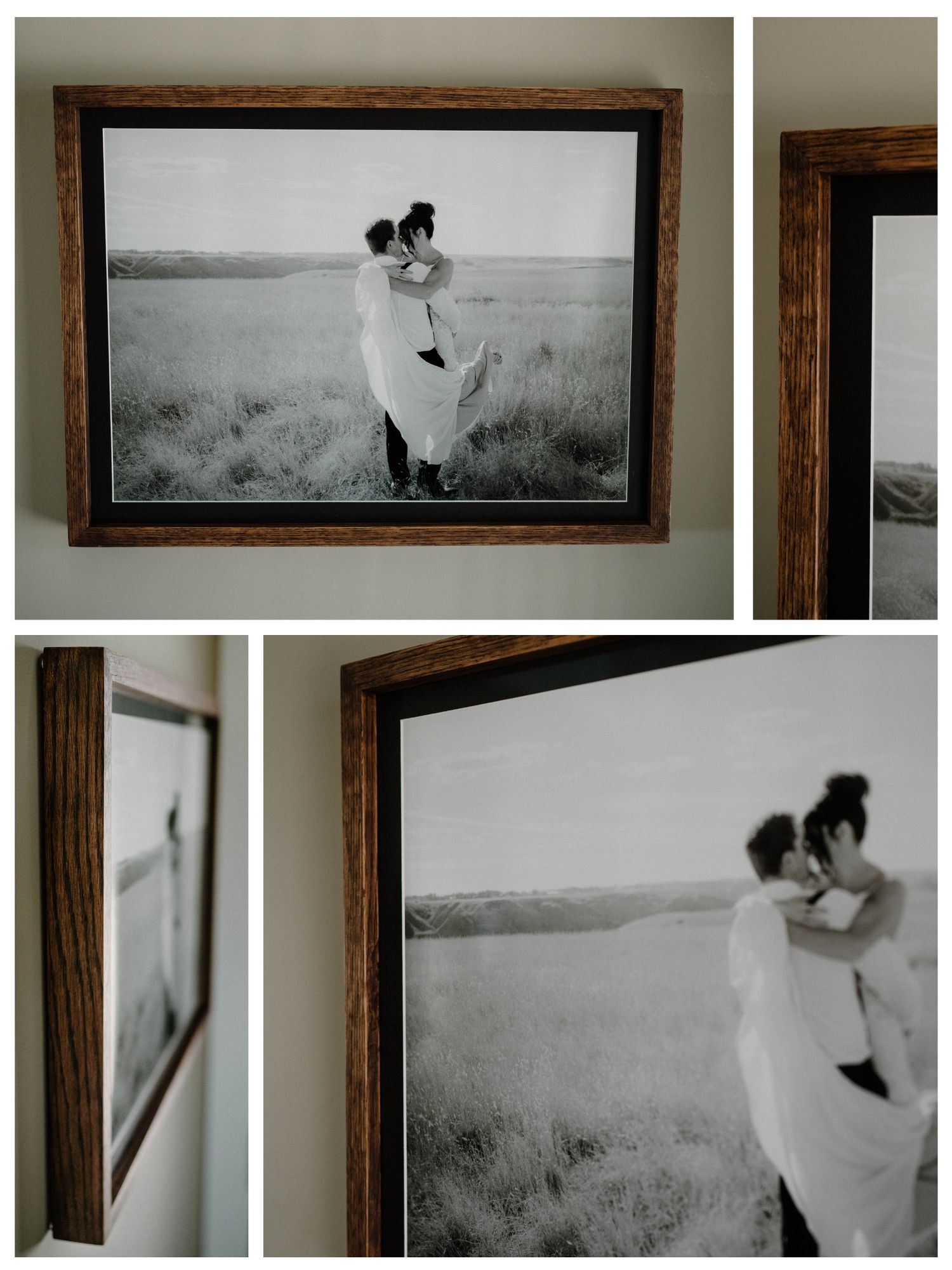 Collage of dark wood framed black and white wedding portrait in field.