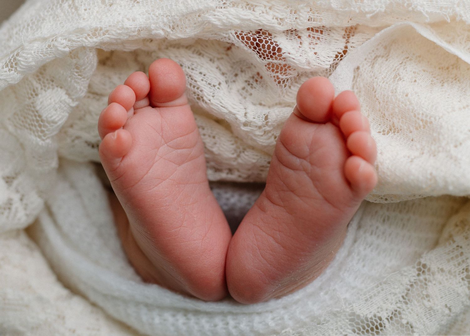 Close-up of tiny newborn baby feet peeking out from a soft white lace blanket.