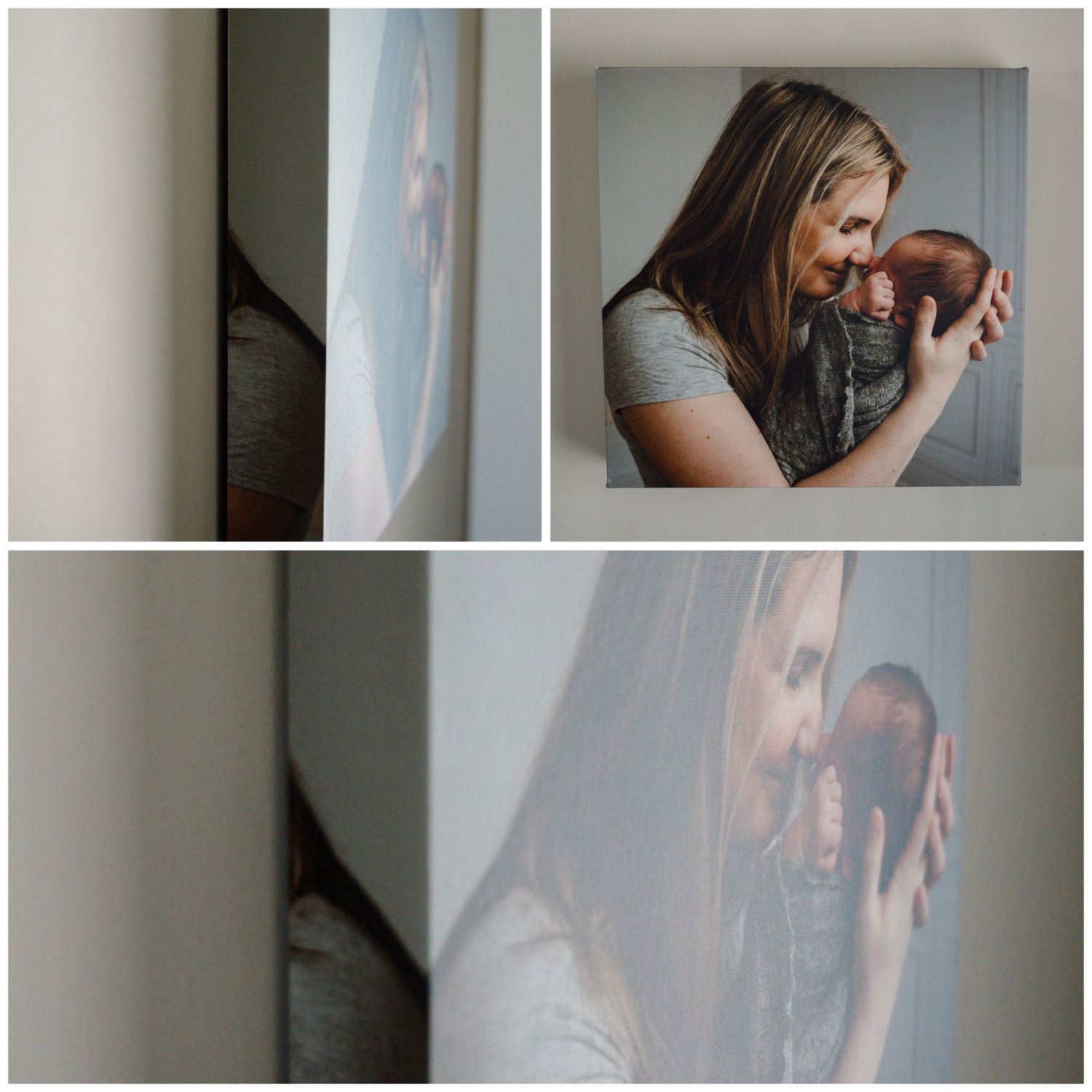 Collage showing a canvas print of a mother tenderly holding her newborn baby, displayed from multiple angles.