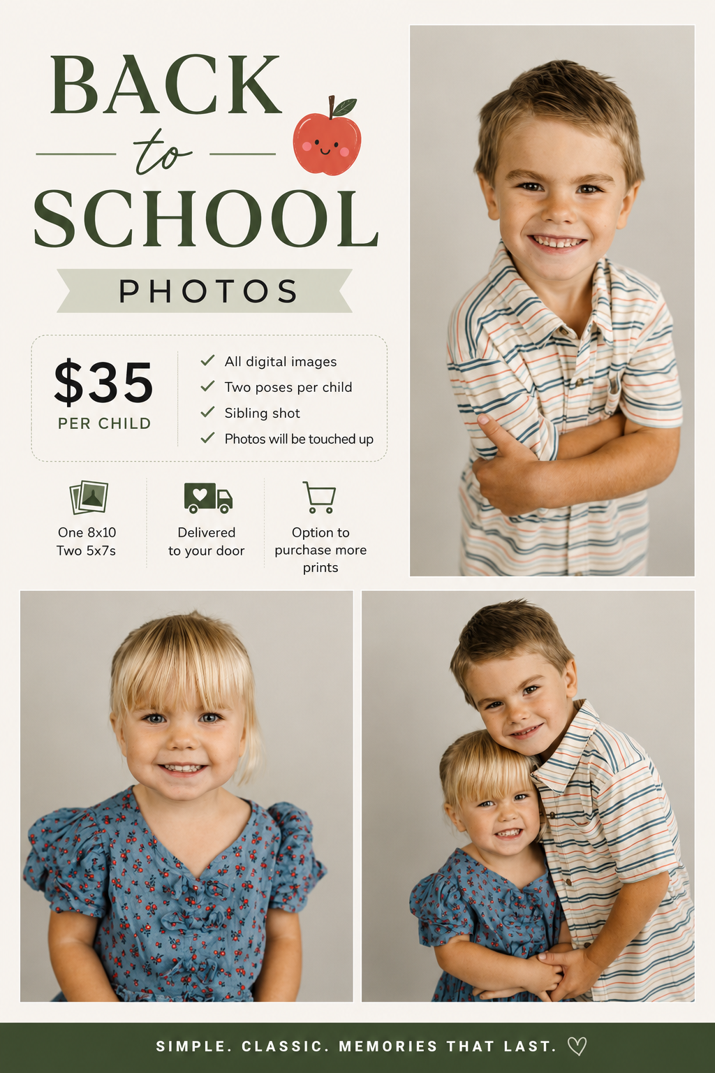 Back to school photo package collage featuring two young children, priced at $35 per child with digital images included.