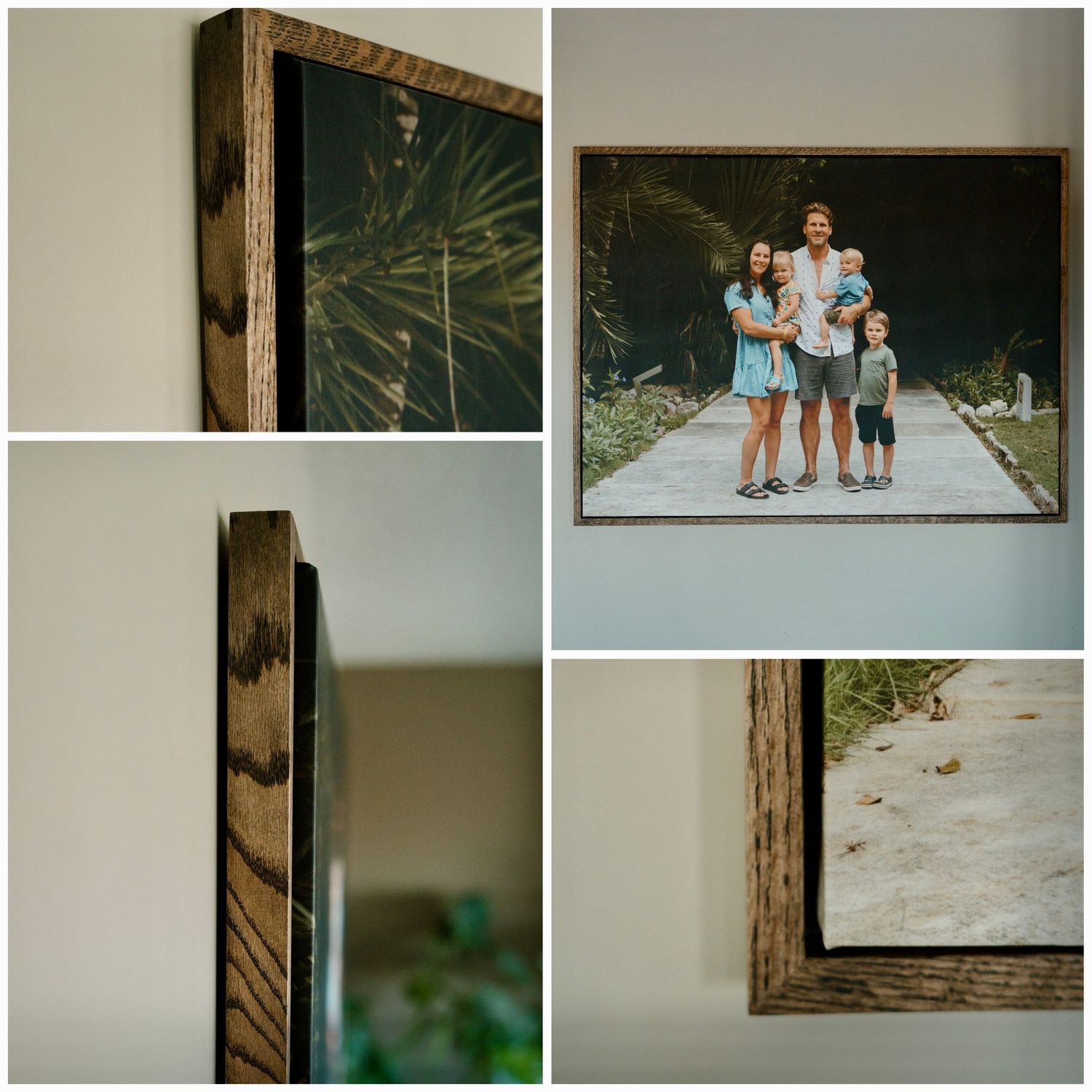 Collage of a rustic wood-framed family portrait canvas showing a couple with two children on a beach path.