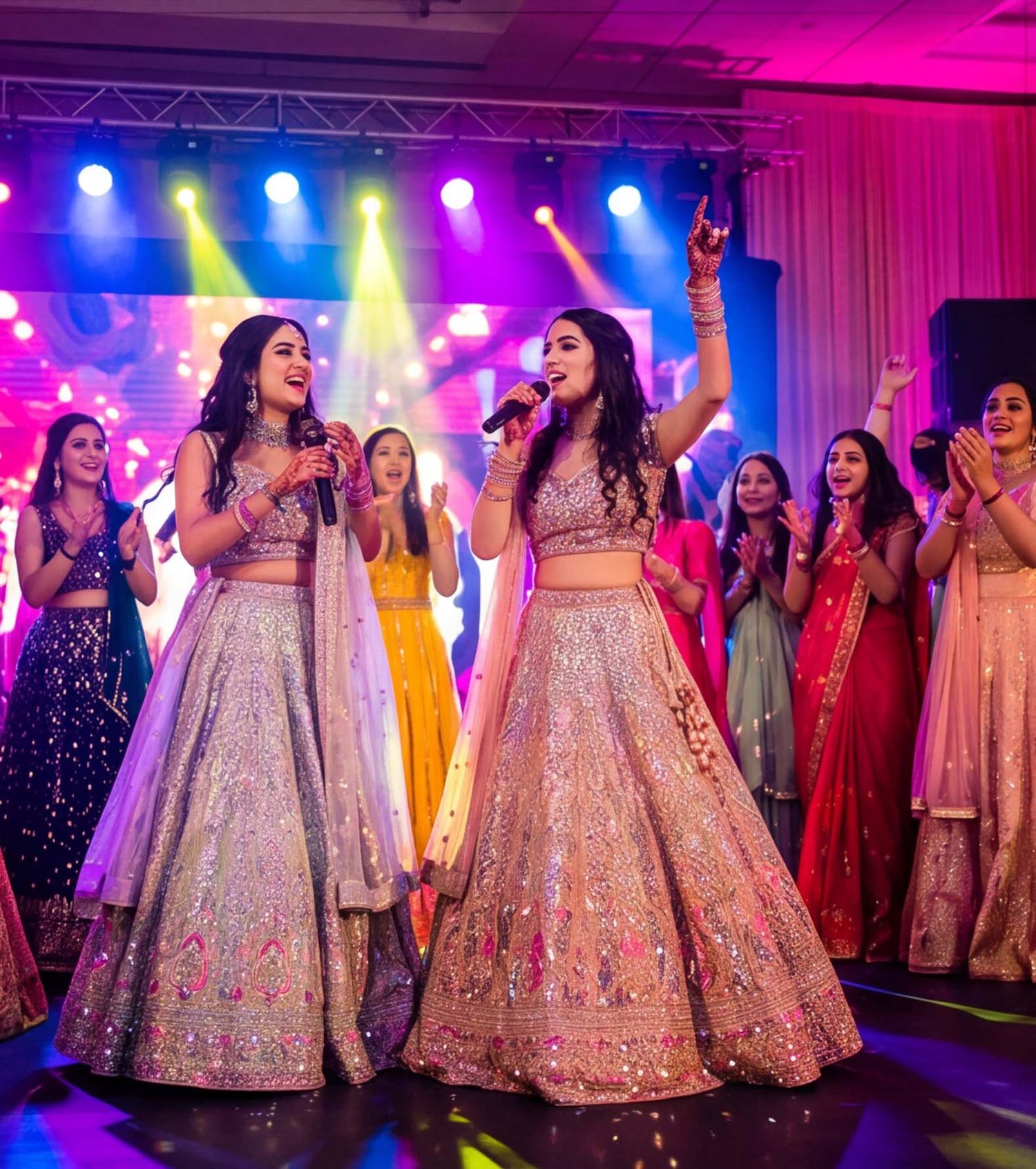 Two women in embroidered lehengas perform on stage at a vibrant Indian wedding sangeet celebration.