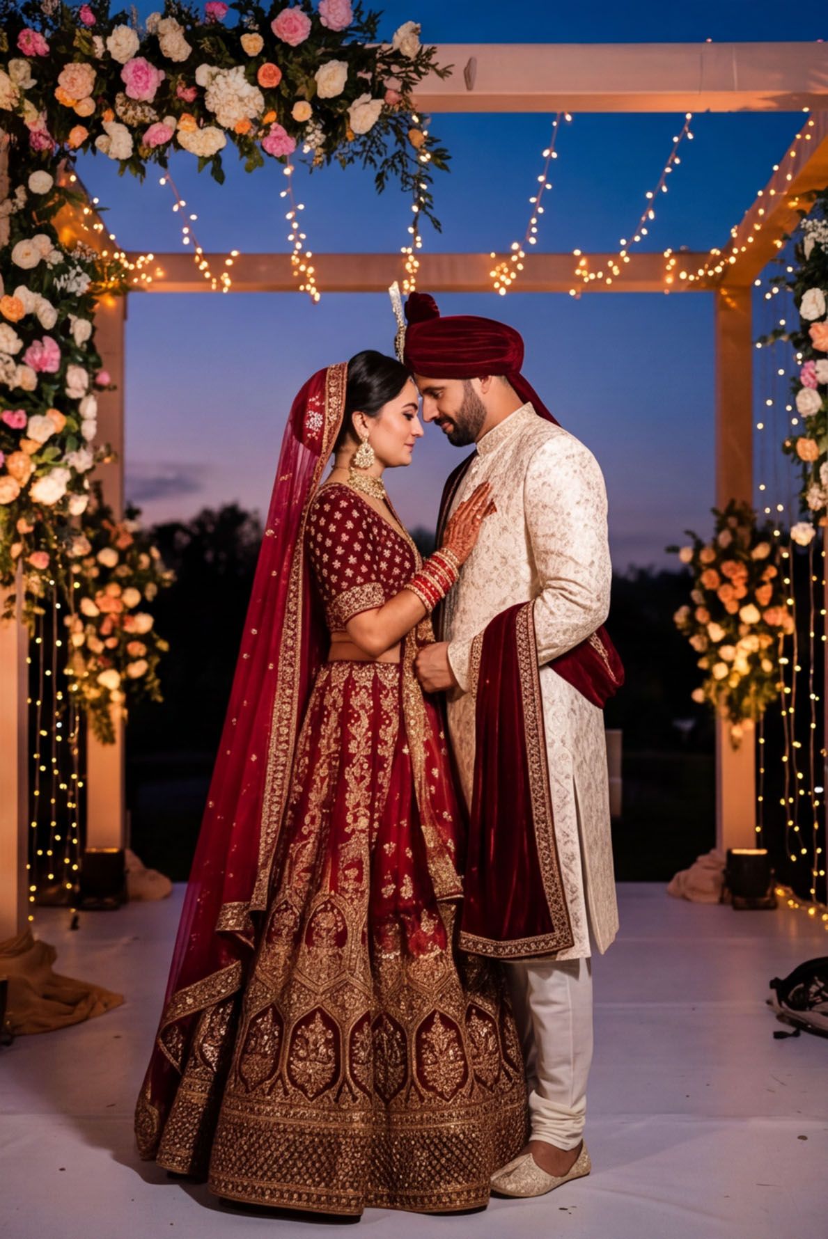 Indian bride in red lehenga and groom in white sherwani share a romantic moment under floral mandap with fairy lights.