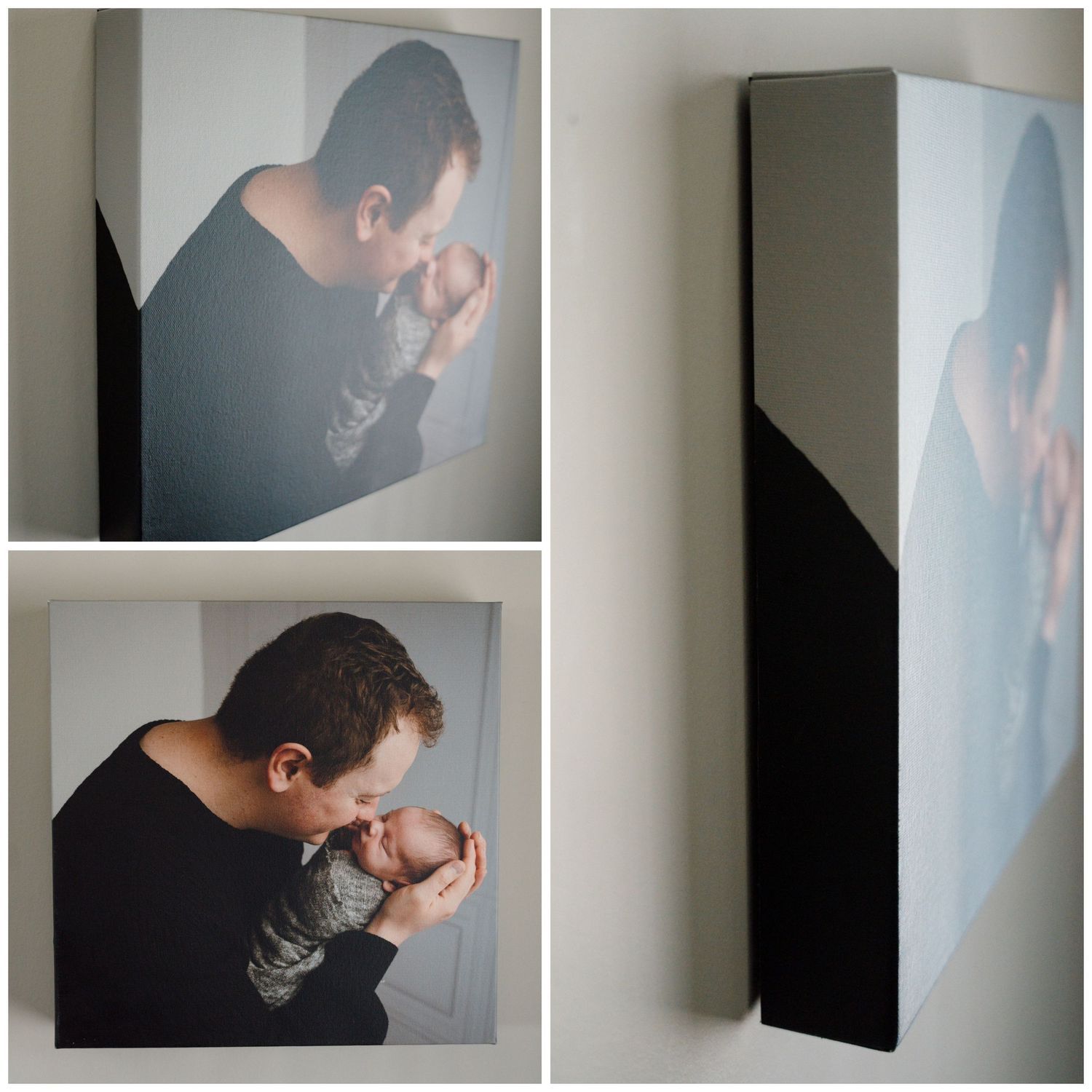 Canvas print triptych of a tattooed father kissing his newborn baby, shown from multiple angles on wall.
