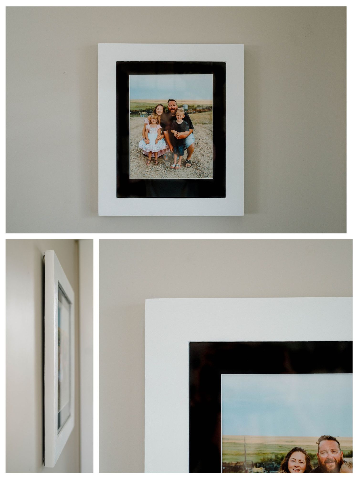 White and black double-matted family beach portrait in a modern frame shown from multiple angles.