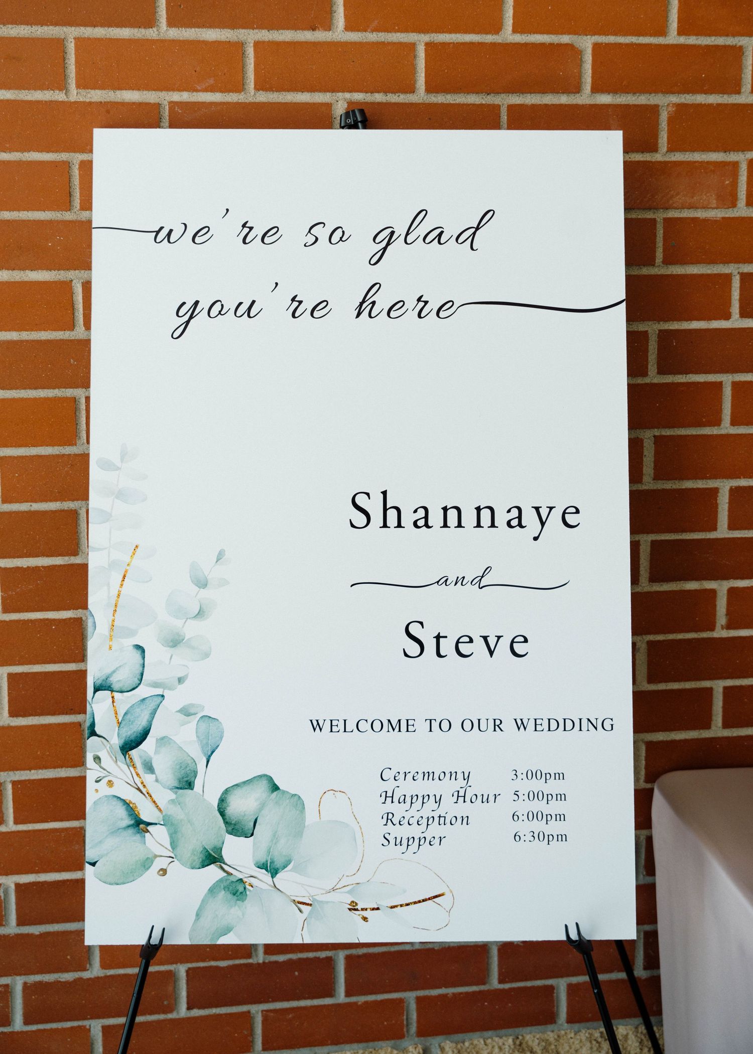 Elegant wedding welcome sign for Shannaye and Steve with eucalyptus botanical design on easel.