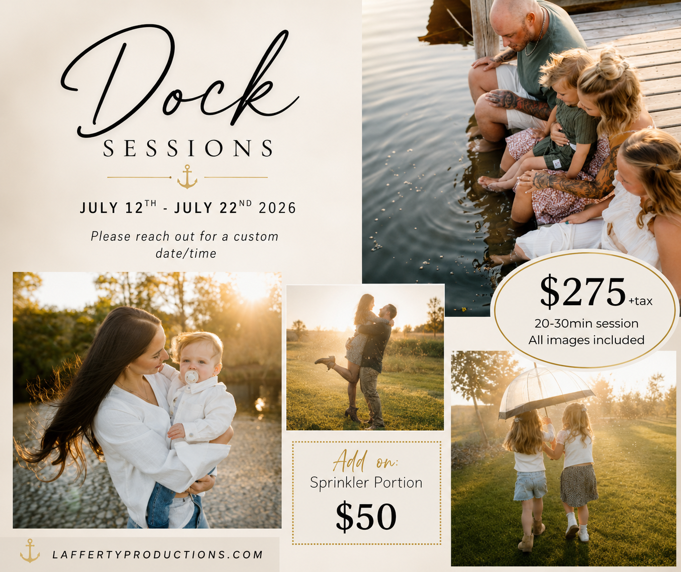 Family dock photography session promotional flyer for Lafferty Productions, July 12-22 2026, priced at $275.