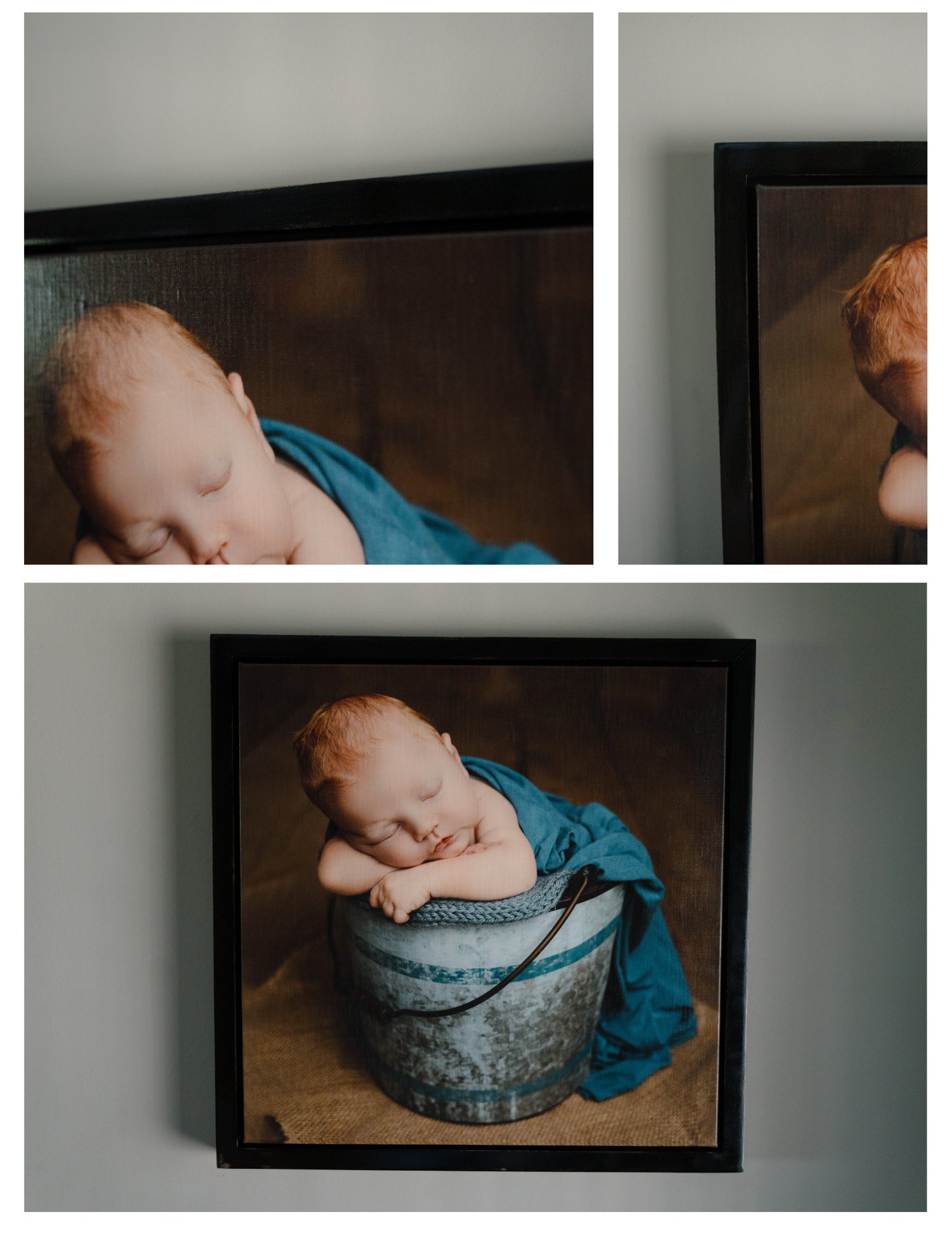 Framed newborn portrait of a sleeping baby wrapped in teal fabric inside a rustic bucket, displayed on a wall.