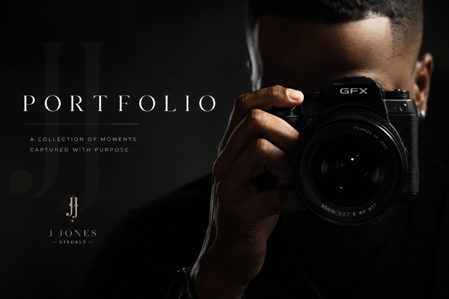 A Black photographer holds a Fujifilm GFX camera in dramatic lighting for J Jones Agency portfolio branding.