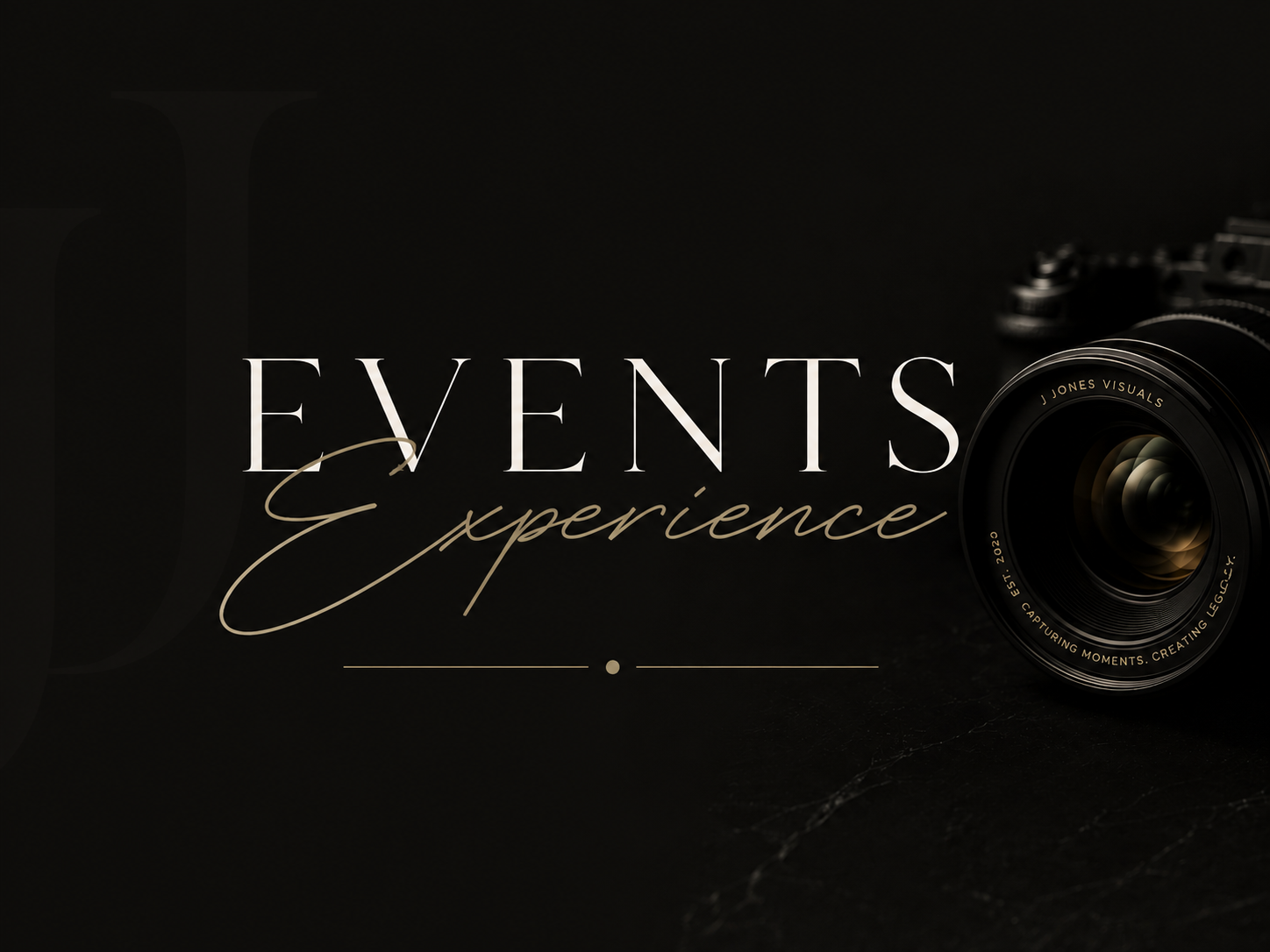 Elegant events experience logo with gold script typography and a professional camera on a dark marble background.