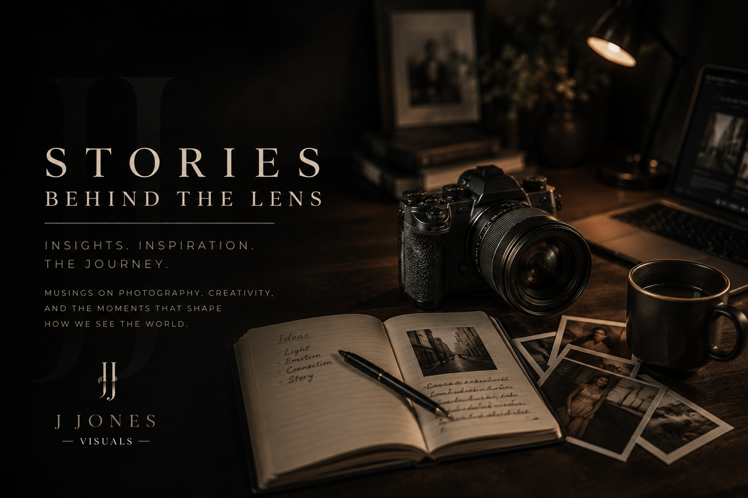 Dark moody desk scene with camera, open journal, and photos for J Jones Visuals Stories Behind the Lens photography blog.