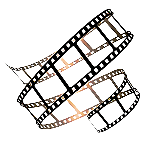 Curling 35mm film strip with black borders and sprocket holes on white background.