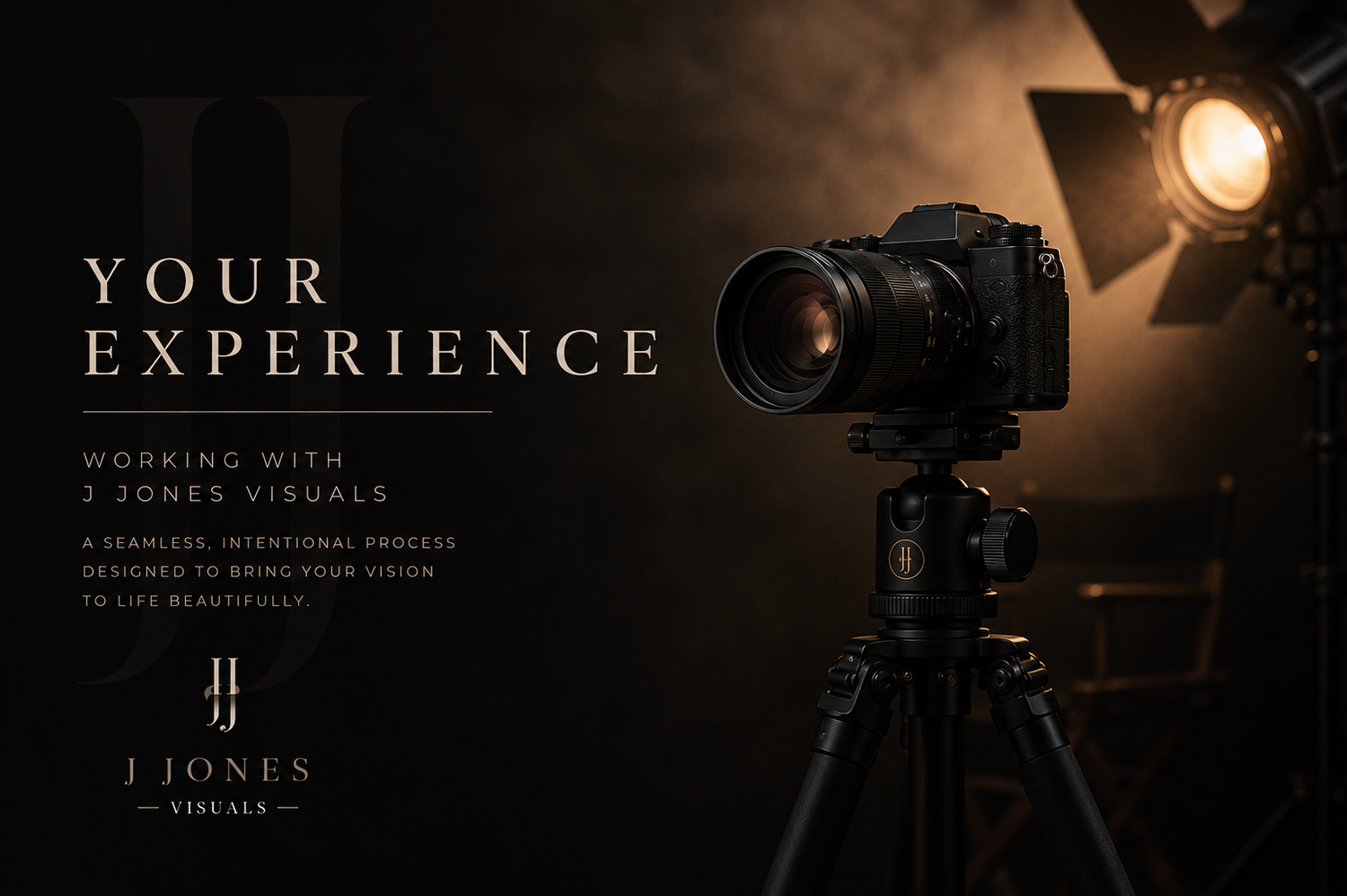Professional camera on tripod with studio lighting promoting J Jones Visuals photography experience services.