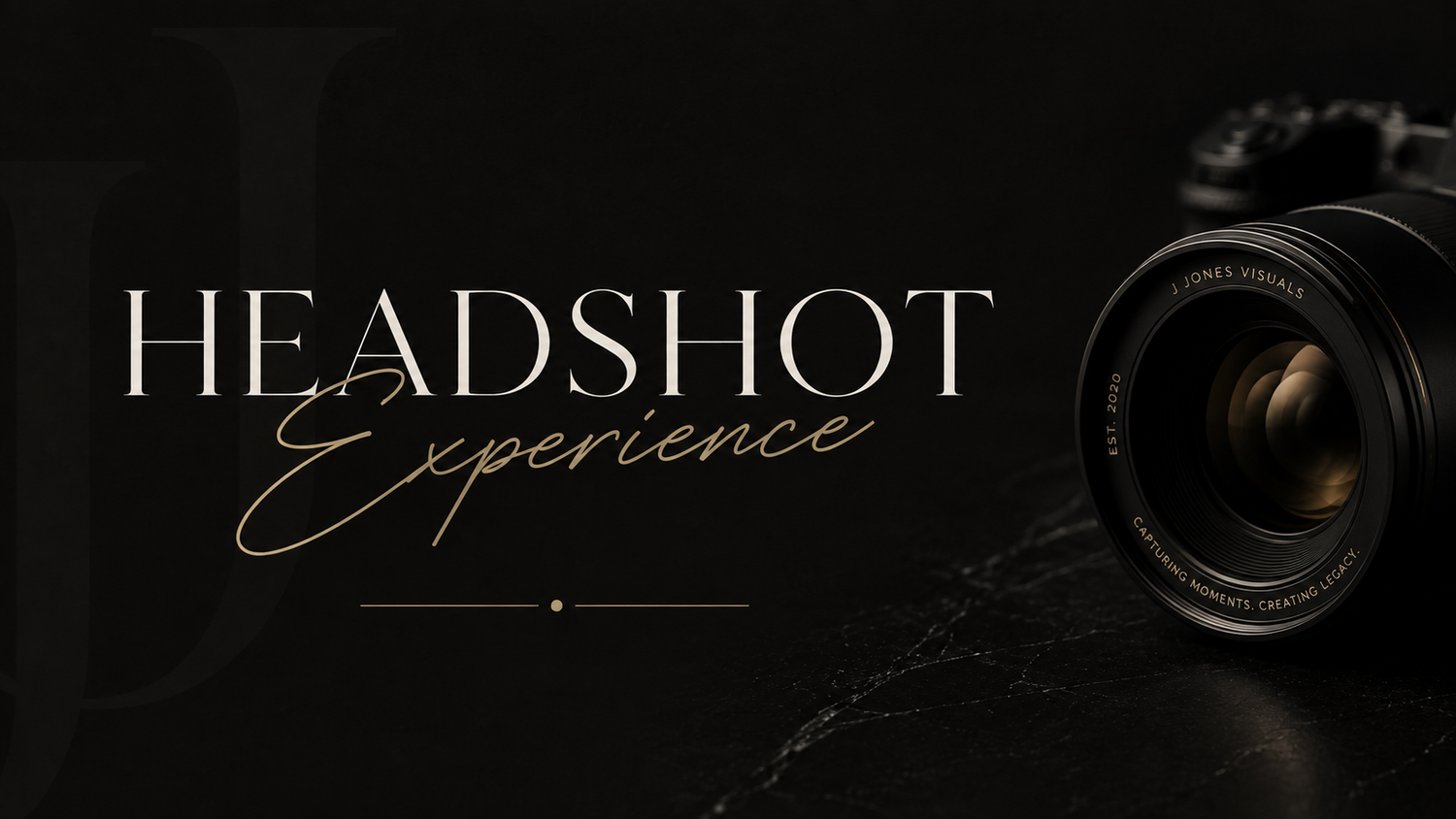 Elegant headshot experience promotional banner with gold typography on dark background featuring a professional camera lens.