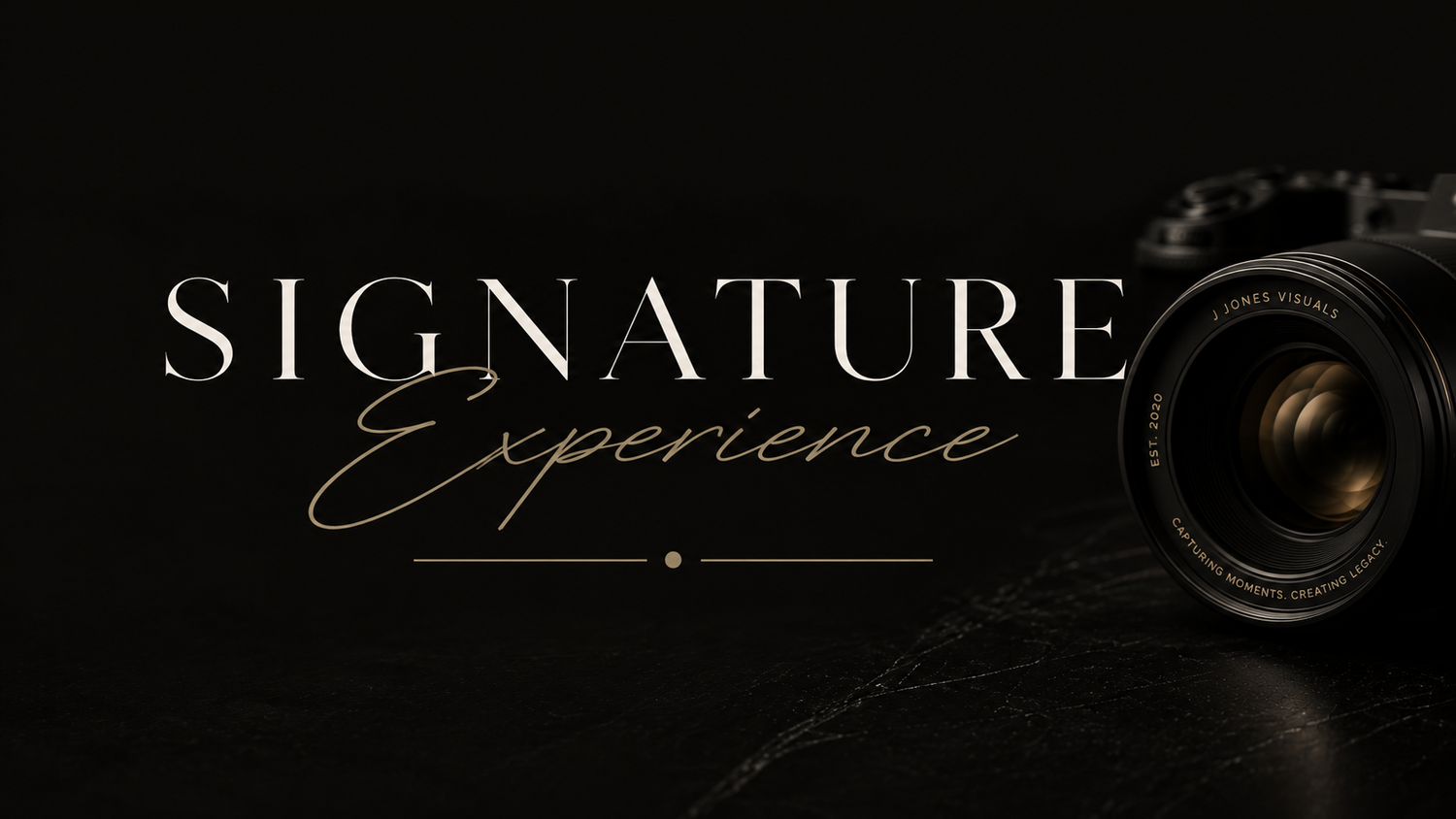 Elegant Signature Experience photography branding banner with luxury camera on dark background.