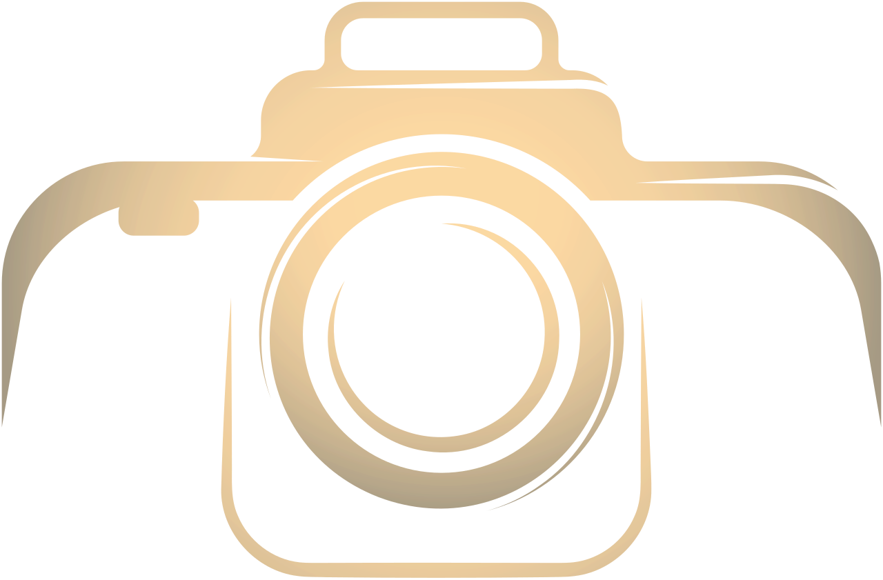 Modern gold ombre camera outline logo icon on white background for photography brand identity.