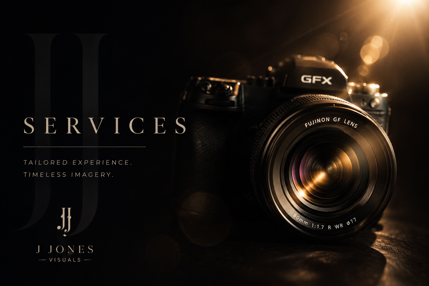J Jones Visuals services page featuring a Fujifilm GFX medium format camera with a large lens on a dark background.