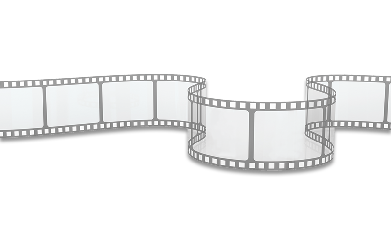 A curved 35mm film strip with blank white frames isolated on a white background, perfect for movie or cinema concepts.