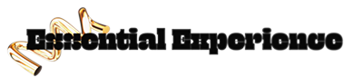 Essential Experience logo featuring bold black text with decorative gold scroll design elements on a white background.