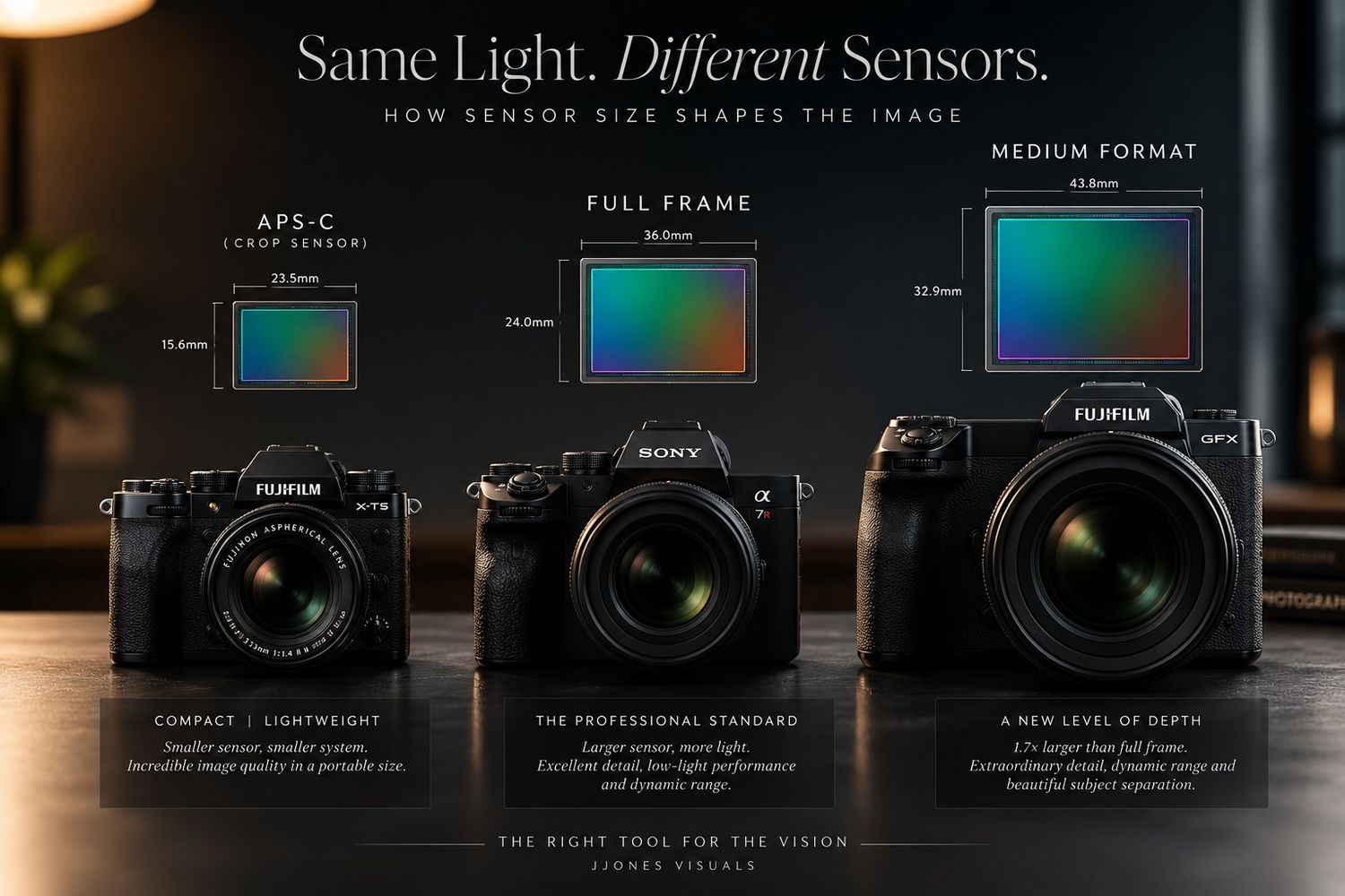 Three cameras comparing APS-C, Full Frame, and Medium Format sensor sizes with Fujifilm and Sony models side by side.