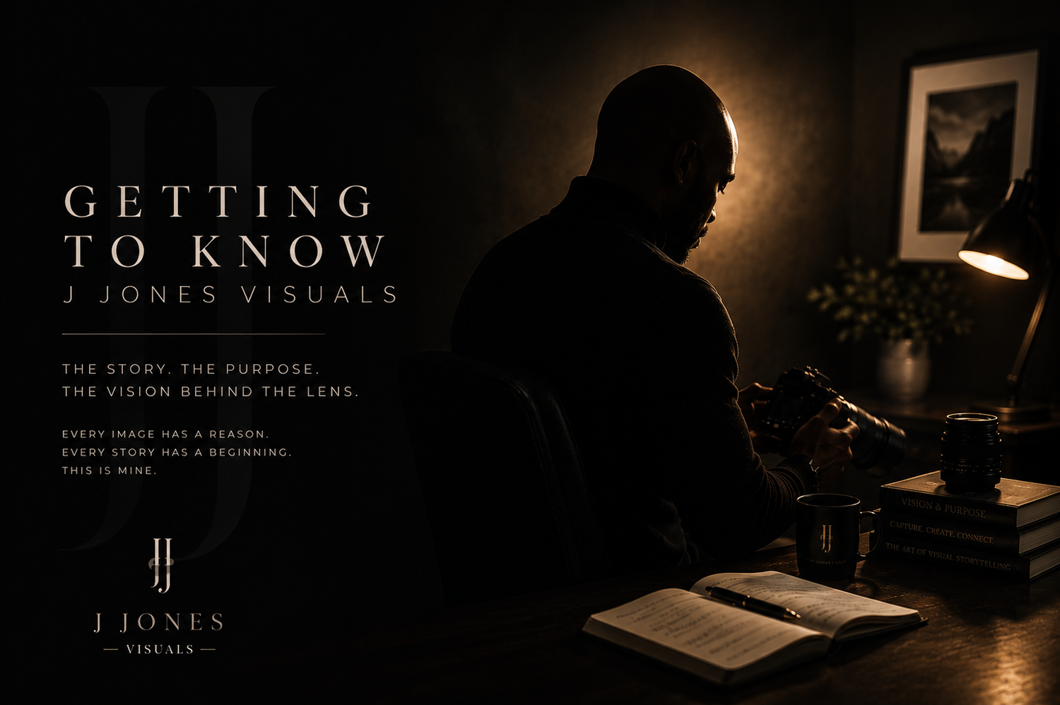 Silhouetted photographer at desk with warm lamp light, J Jones Visuals branding, moody professional portrait photography studio promo.